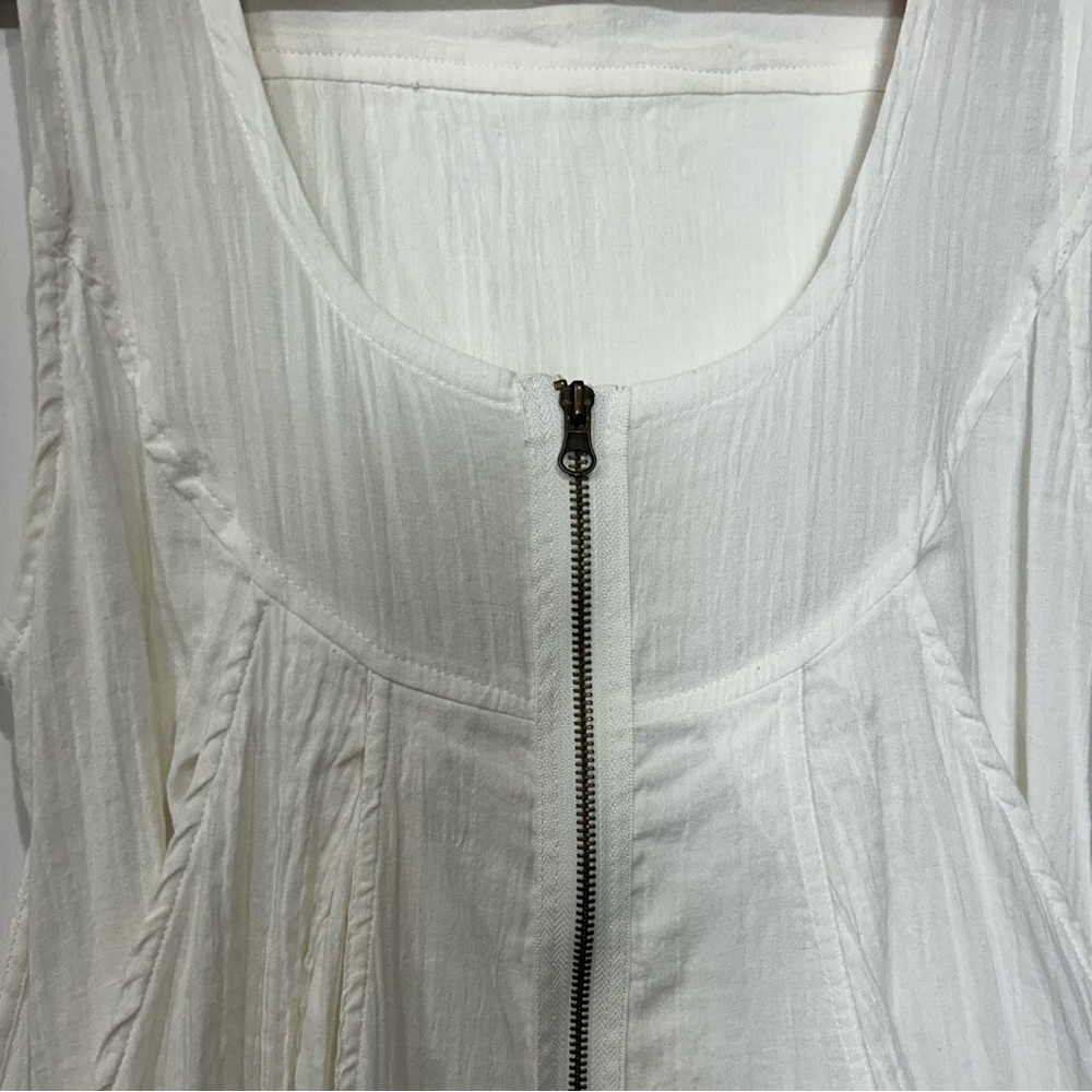 Ethnic Lagenlook White Gauze Linen Full Zip Sleeveless Midi Dress with Pockets M - Picture 3 of 11